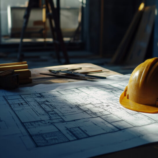 244020460_m Detailed construction blueprint featuring helmet and tools for effective project planning
